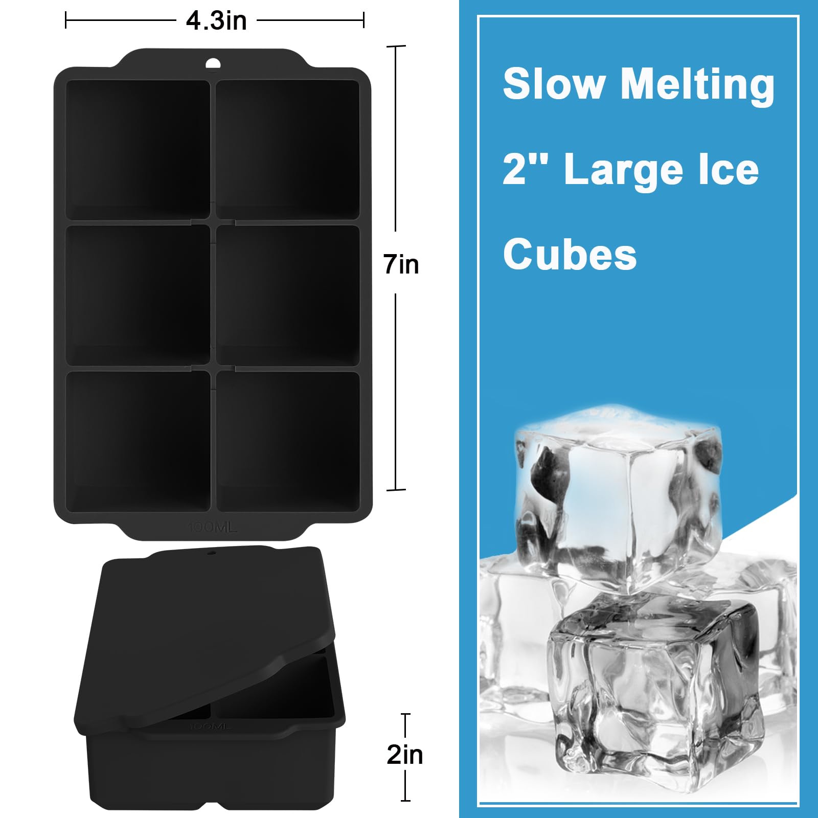 Large Ice Cube Tray with Removable Lid, Big Silicone Square Ice Cube Mold Reusable and BPA Free for Whiskey Cocktail Bourbon Soups Frozen Treats, Stackable Flexible Safe Ice