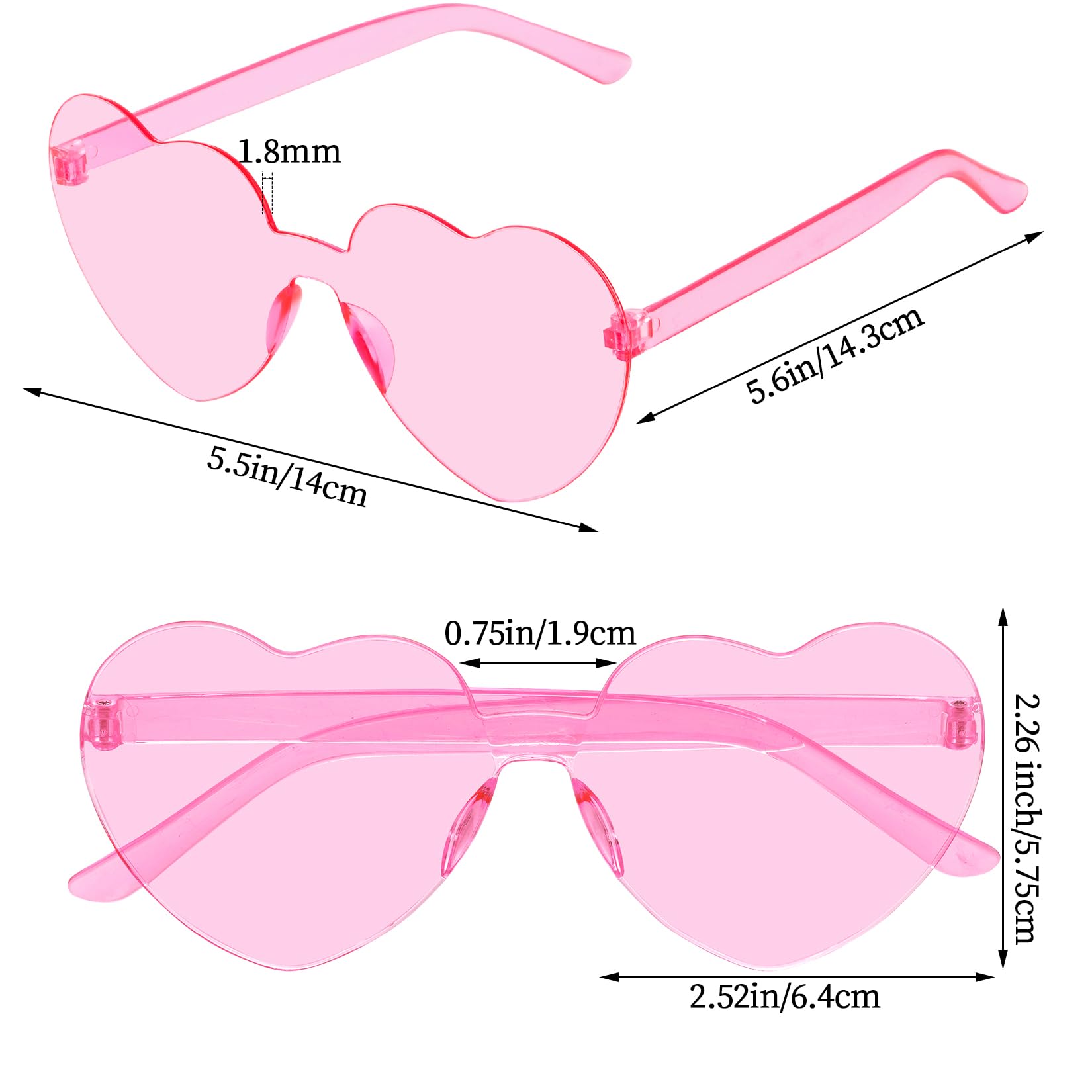 Fengek 10 Pcs Heart Shape Sunglasses Frameless Transparent Glasses Party Favors for Women Party, Pink