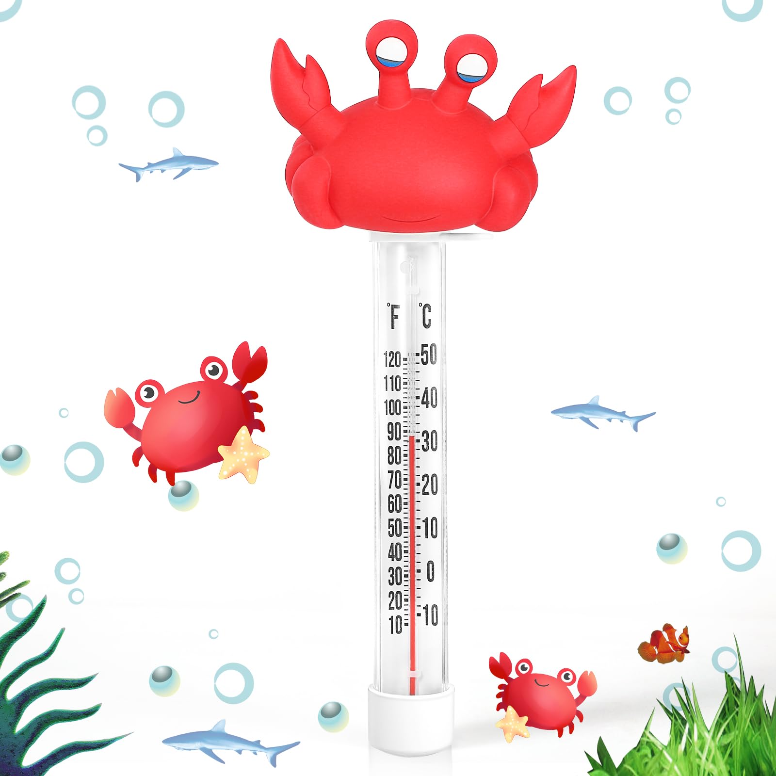 Floating Pool Thermometer, Large Display with String Easy to Read, Shatter Resistant, for Outdoor & Indoor Swimming Pools, Spas, Hot Tubs & Aquariums (Crab)