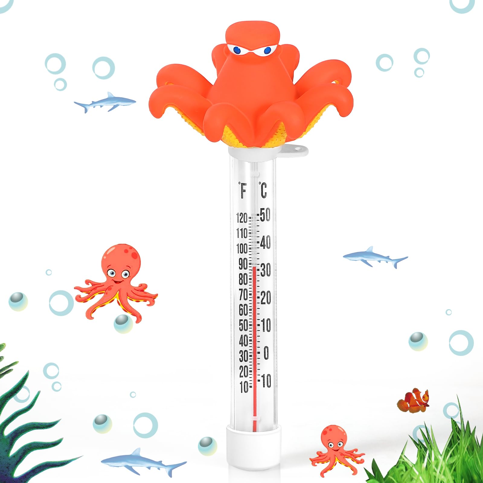 Floating Pool Thermometer, Large Display with String Easy to Read, Shatter Resistant, for Outdoor & Indoor Swimming Pools, Spas, Hot Tubs & Aquariums (Octopus)