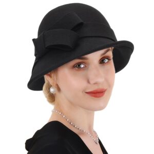 Womens Winter-Cloche-Hat 1920s Classic-Church-Dress Wool-Felt-Bucket-Hats with Flowers(M-L)