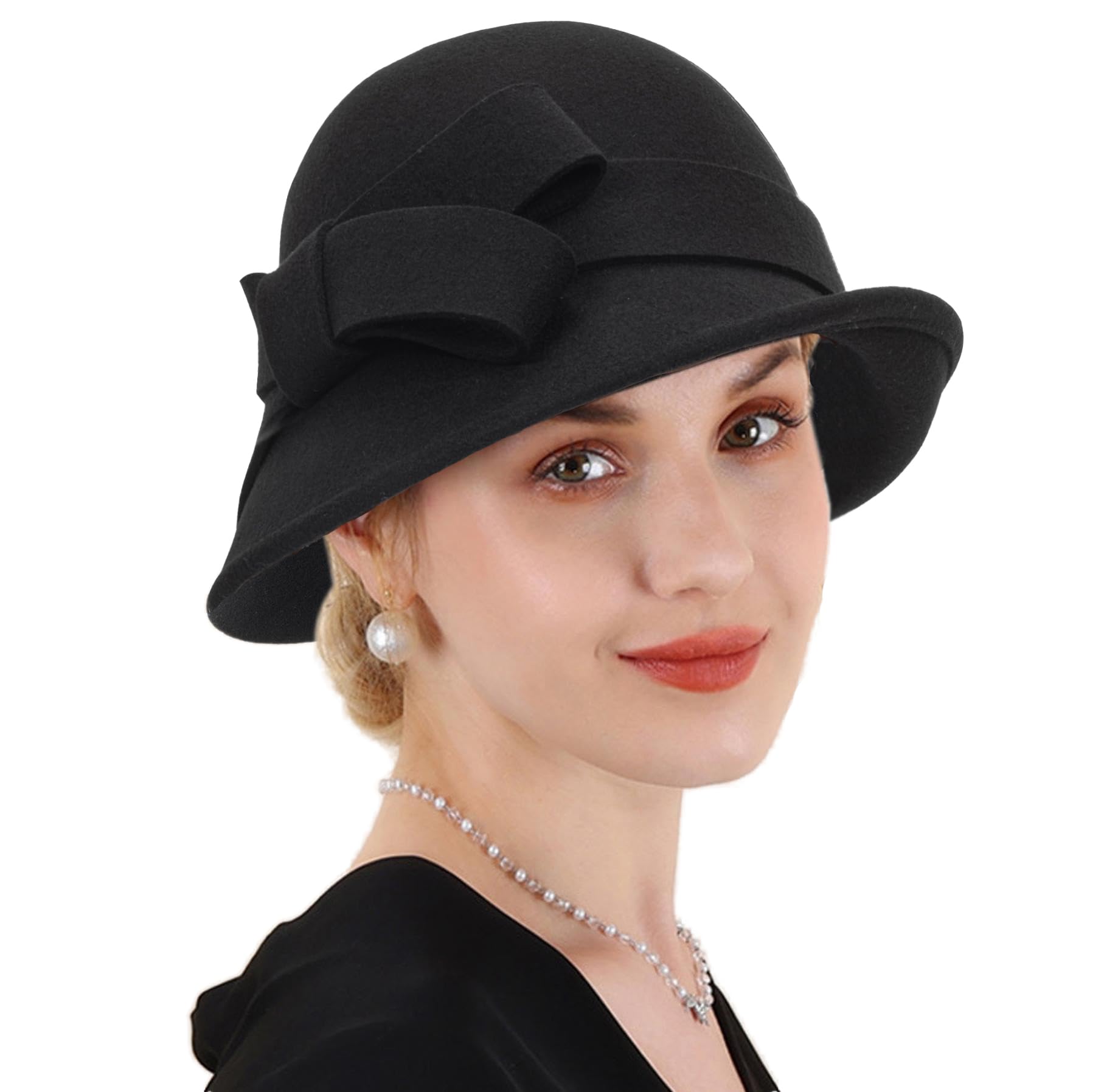 Womens Winter-Cloche-Hat 1920s Classic-Church-Dress Wool-Felt-Bucket-Hats with Flowers(M-L)