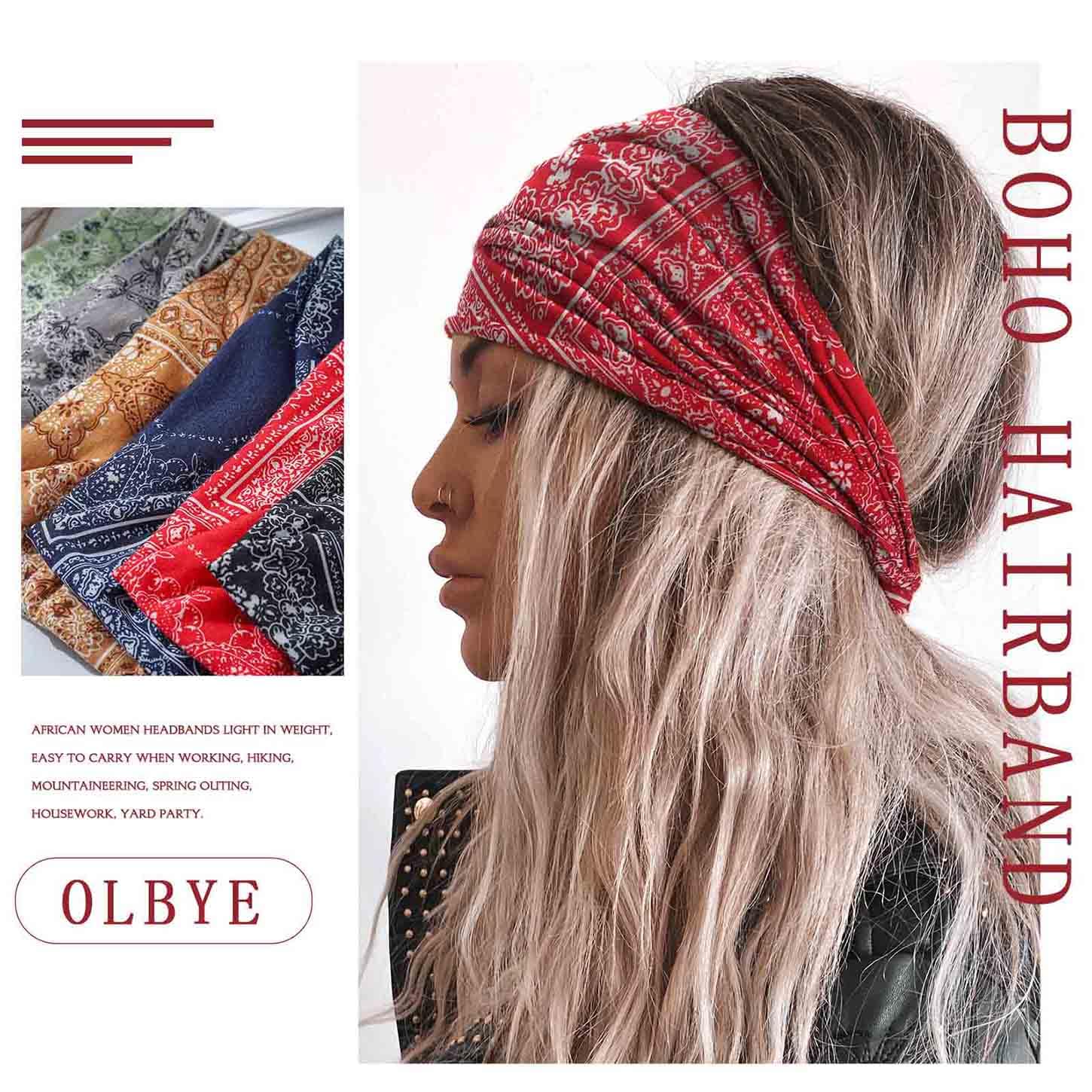 Olbye Headbands for Women Wide Boho Headband Knotted Turban Head Bands Elastic Non Slip Hairbands Floral African Head Wraps Workout Yoga Sweatbands Cotton Head Scarfs Bohemian Hair Accessories for