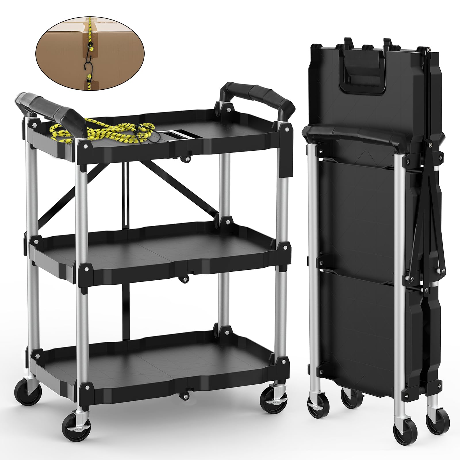 HIMIX Foldable Utility Carts with Wheels, 3-Tier Holds 240lbs Folding Rolling Cart with Fixed Rope, Collapsible Service Cart for Home, Office, Garage, and Warehouse - No Assembly Required