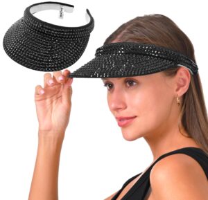 women sun visor hat bling crystals summer cap shiny rhinestone men caps adjustable wide brim clip on visors fashion party outdoor sport hats golf beach tennis (black)