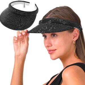 Women Sun Visor Hat Bling Crystals Summer Cap Shiny Rhinestone Men Caps Adjustable Wide Brim Clip On Visors Fashion Party Outdoor Sport Hats Golf Beach Tennis (Black)