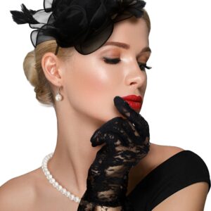 Bonuci 4 Pcs 50s Fascinator Hat for Women Black Funeral Veil Hat Tea Party Headpiece Lace Glove Pearl Necklace Earring(Elegant Style)