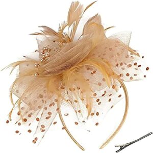 Umturmok Women's Tea Party Fascinators Mesh Flower-Shaped Pearl Feather Veil Kentucky Derby Fascinator Hats with Headband and Clip Gold