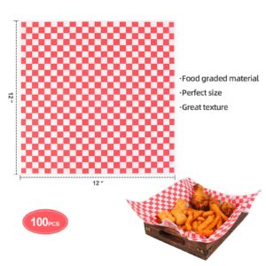 100pcs Deli Paper Sheets 12x12", Premium Food Basket Liners, Grease Resistant Wax Paper Sheets for Food, Classic Checkered Sandwich Wrapping Paper for Party, Festival and Outdoors, JIRNGLA