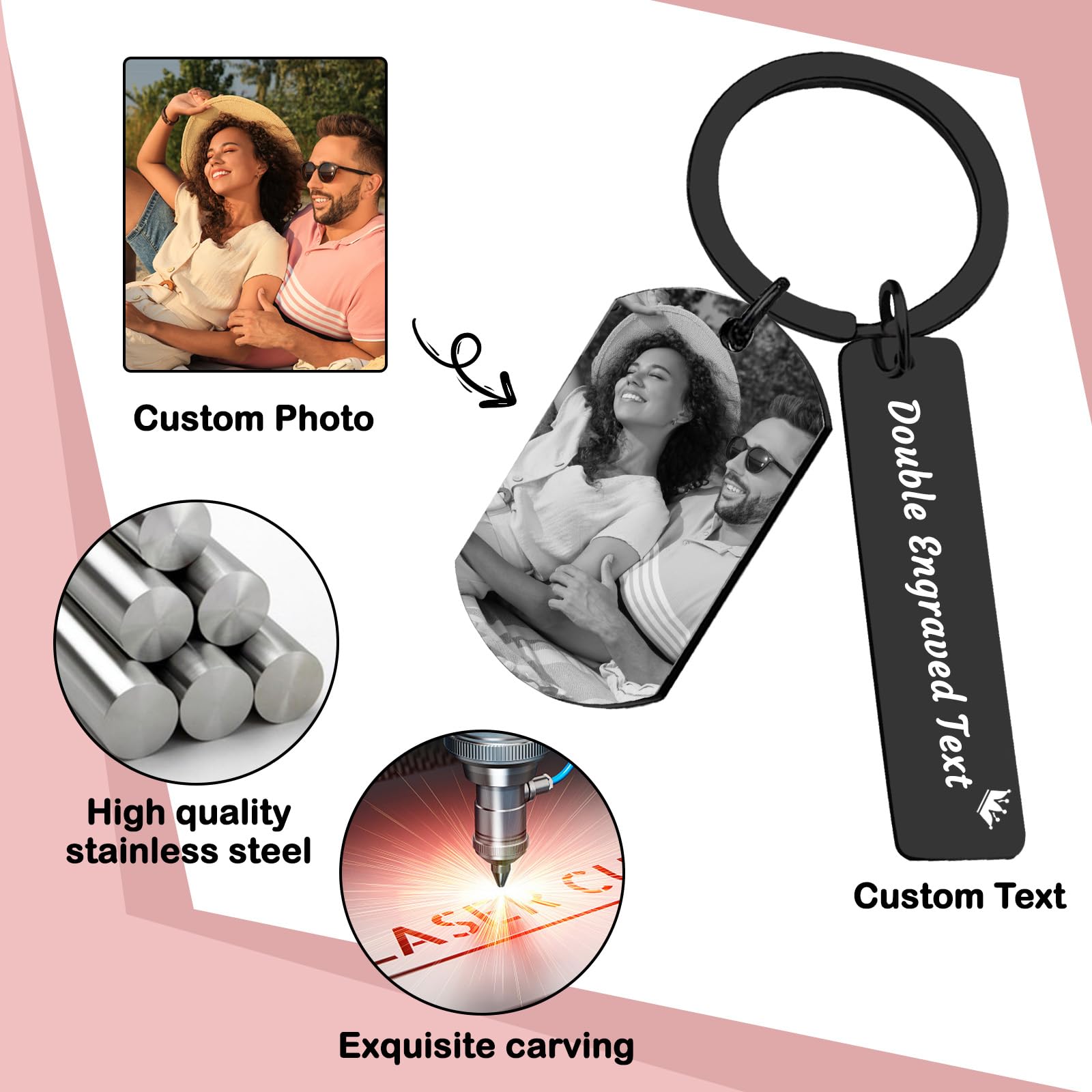 Cupike Personalized Picture Keychain - Customized Engraved Keychains with Photo Text, Personalized Gifts for Men Women Lovers (02-Black1)