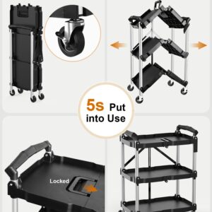 HIMIX Foldable Utility Carts with Wheels, 3-Tier Holds 240lbs Folding Rolling Cart with Fixed Rope, Collapsible Service Cart for Home, Office, Garage, and Warehouse - No Assembly Required