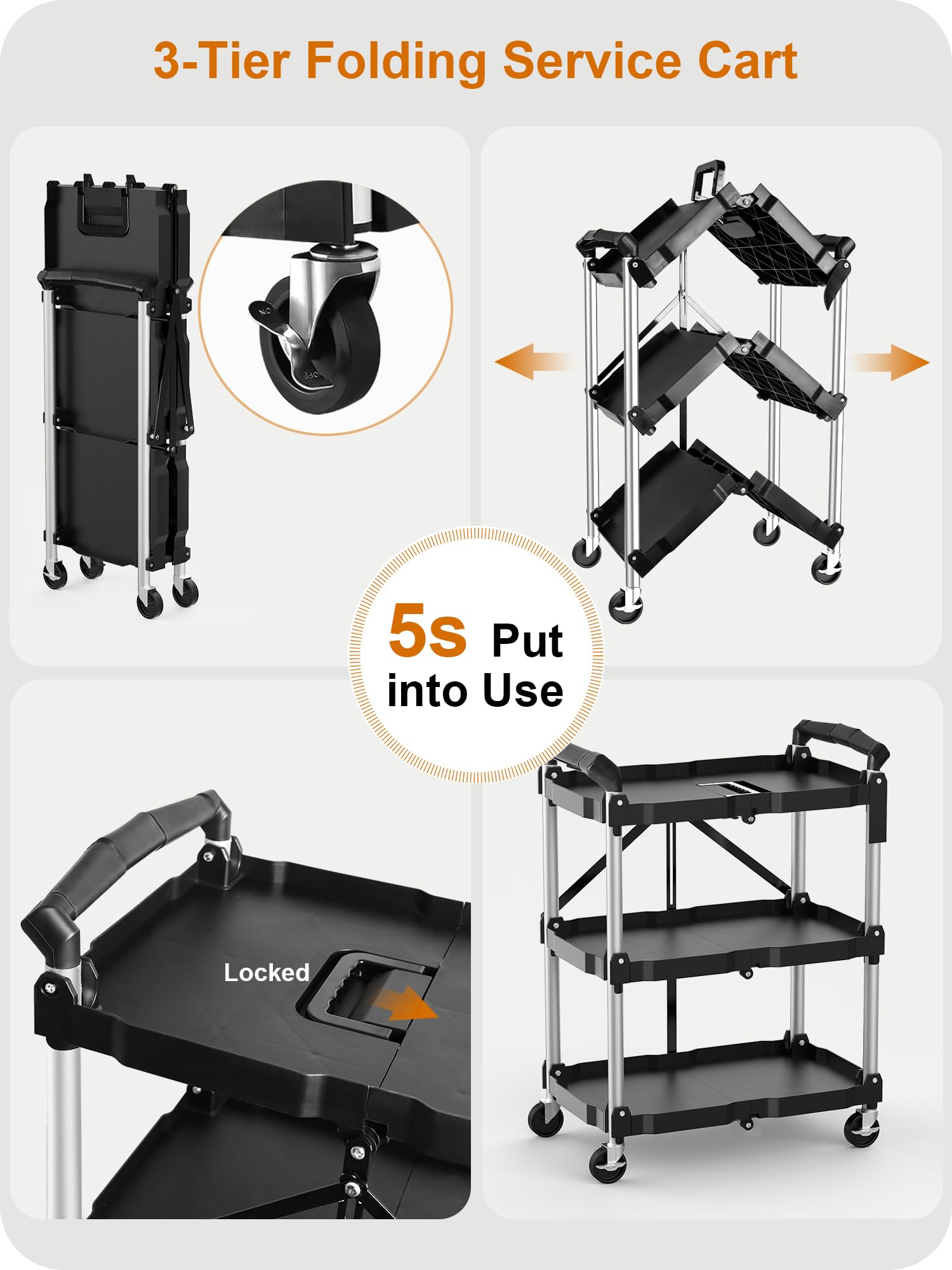 HIMIX Foldable Utility Carts with Wheels, 3-Tier Holds 240lbs Folding Rolling Cart with Fixed Rope, Collapsible Service Cart for Home, Office, Garage, and Warehouse - No Assembly Required