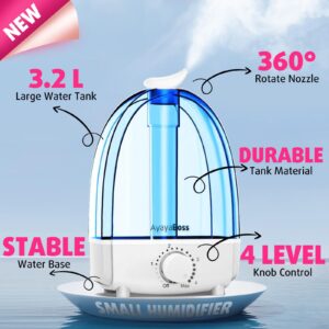 AyayaBoss Small Humidifiers for Bedroom, Ultrasonic Air Humidifiers for Home, 3.2L Cool Mist Humidifier, Auto Shut Off, 360° Nozzle for Single Room, Baby Room, Small House, Kids Nursery, Indoor Plant