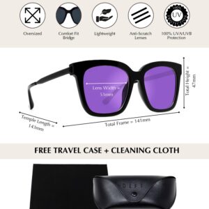 DIFF Bella Designer Oversized Square Sunglasses for Women UV400 Protection, Black + Purple Mirror