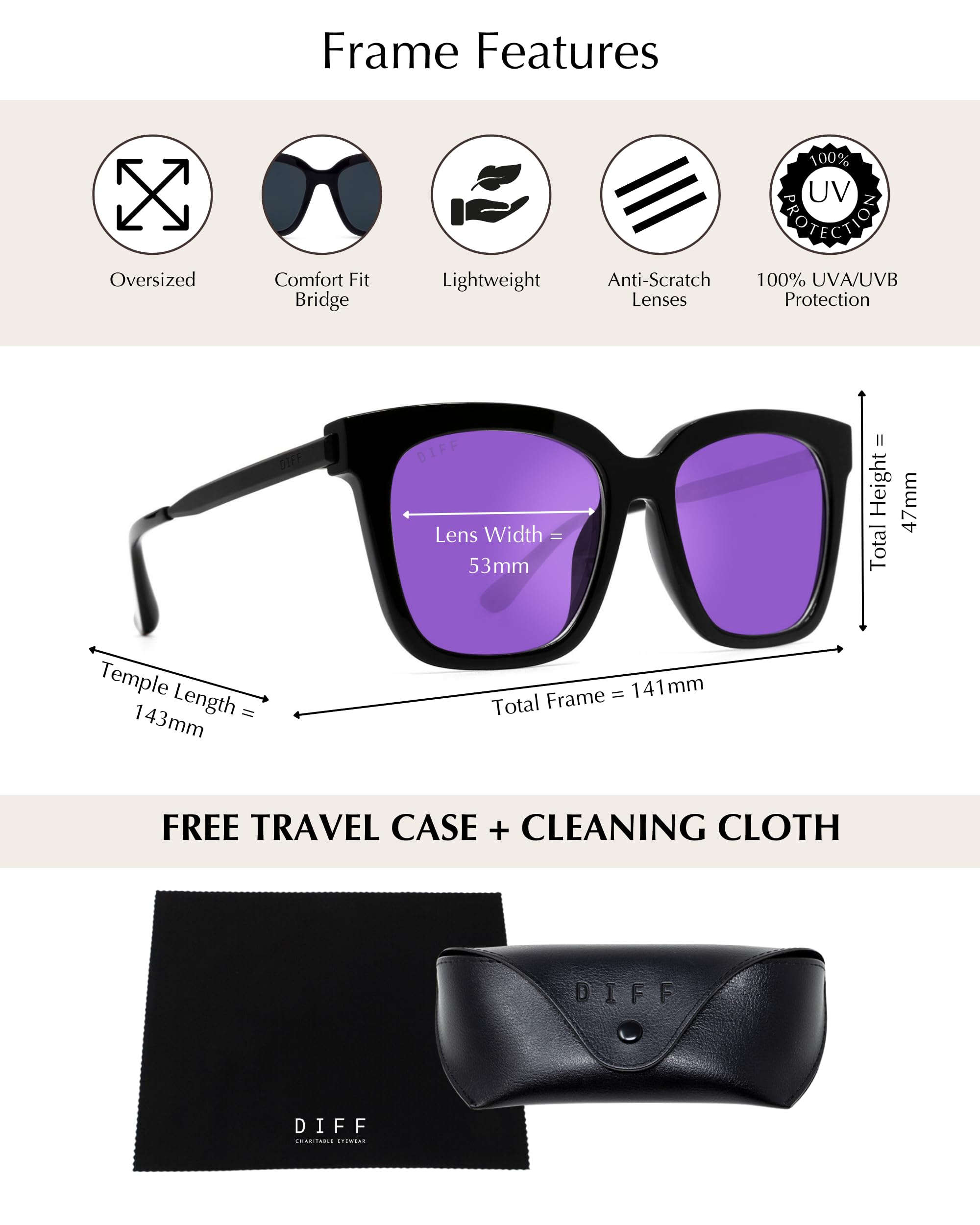 DIFF Bella Designer Oversized Square Sunglasses for Women UV400 Protection, Black + Purple Mirror