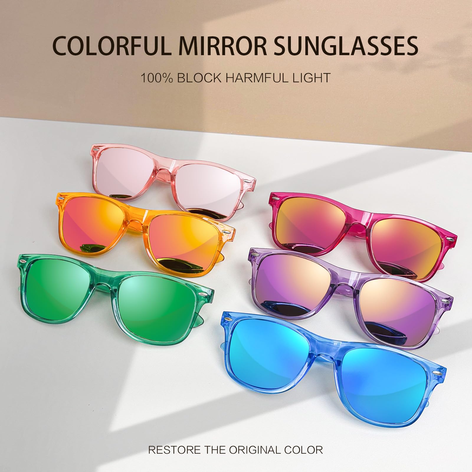 Pibupibu 20 Pack Neon Party Sunglasses Bulk, Wholesale Retro 80s Clear Colorful Mirrrored Lens Sunglasses Party Favors