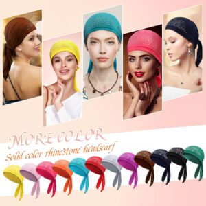 Jiuguva 12 Packs Rhinestone Head Scarf Women Stretchy Head Wrap Bandana Beanie Pre Tied Durag Turban Cap Skull Cap Headbands