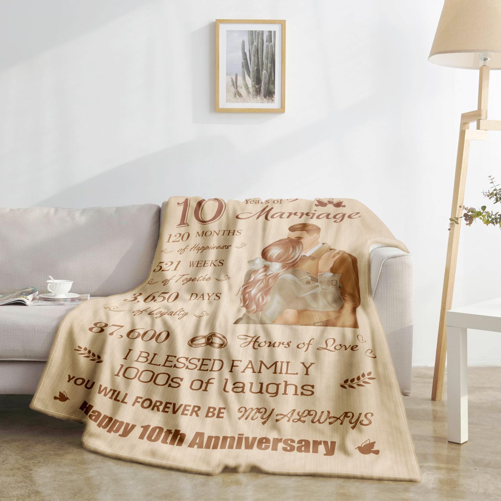 Wedding Anniversary Blanket Couples Present,10th Anniversary Present Blanket for Him and Her,Wife Husband Happy 10 Year Anniversary Present for Couple Mom Dad Parents Valentine's Flannel Throw Blanket