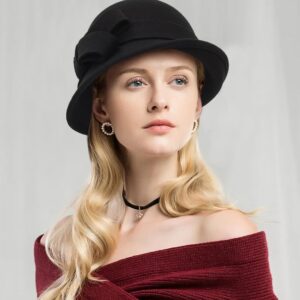 Womens Winter-Cloche-Hat 1920s Classic-Church-Dress Wool-Felt-Bucket-Hats with Flowers(M-L)