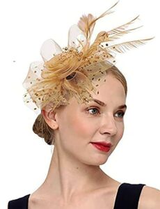 umturmok women's tea party fascinators mesh flower-shaped pearl feather veil kentucky derby fascinator hats with headband and clip gold