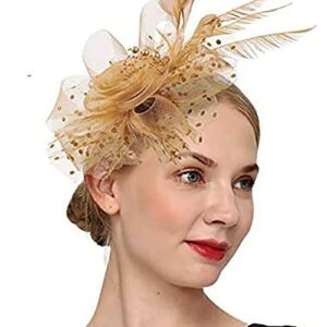 Umturmok Women's Tea Party Fascinators Mesh Flower-Shaped Pearl Feather Veil Kentucky Derby Fascinator Hats with Headband and Clip Gold