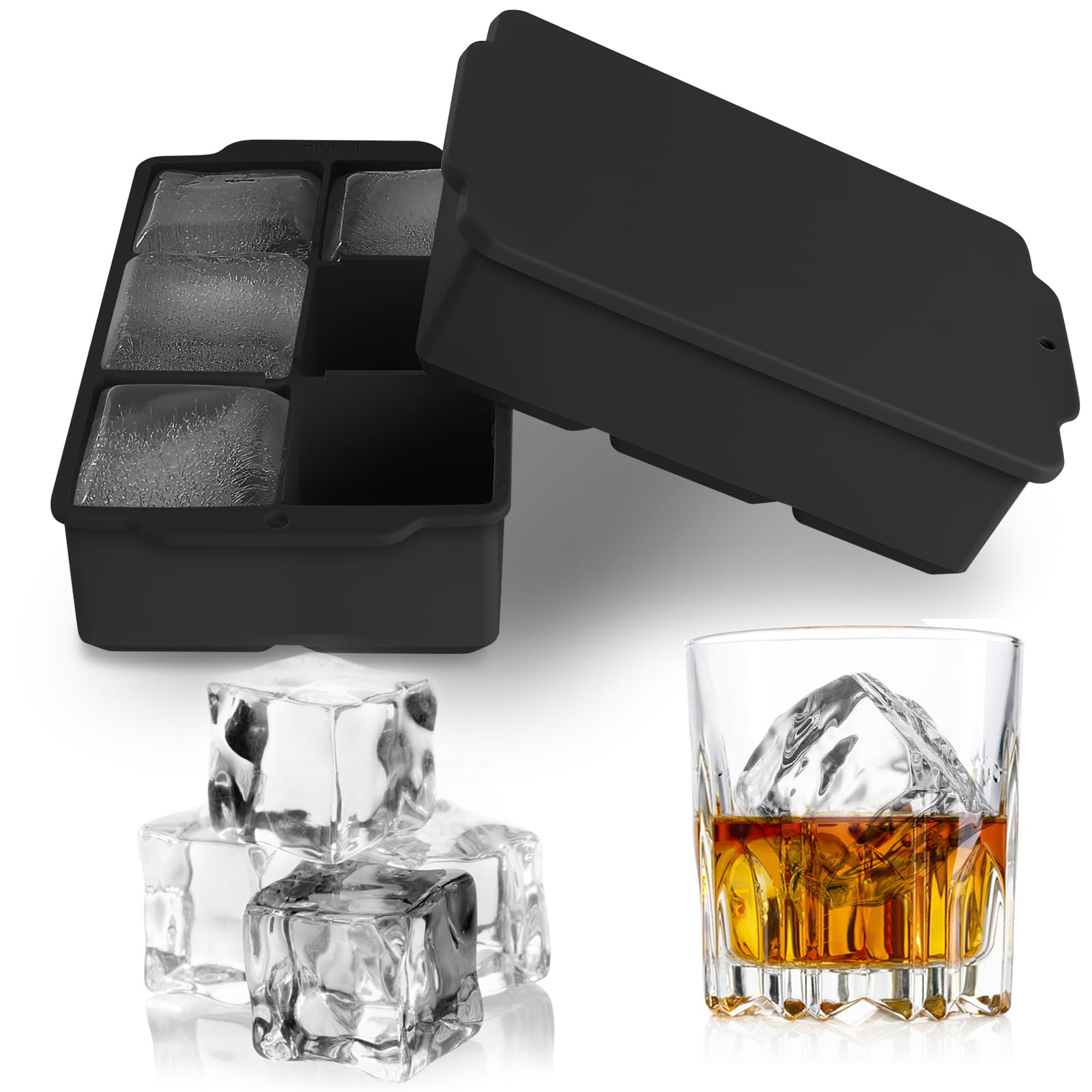 Large Ice Cube Tray with Removable Lid, Big Silicone Square Ice Cube Mold Reusable and BPA Free for Whiskey Cocktail Bourbon Soups Frozen Treats, Stackable Flexible Safe Ice