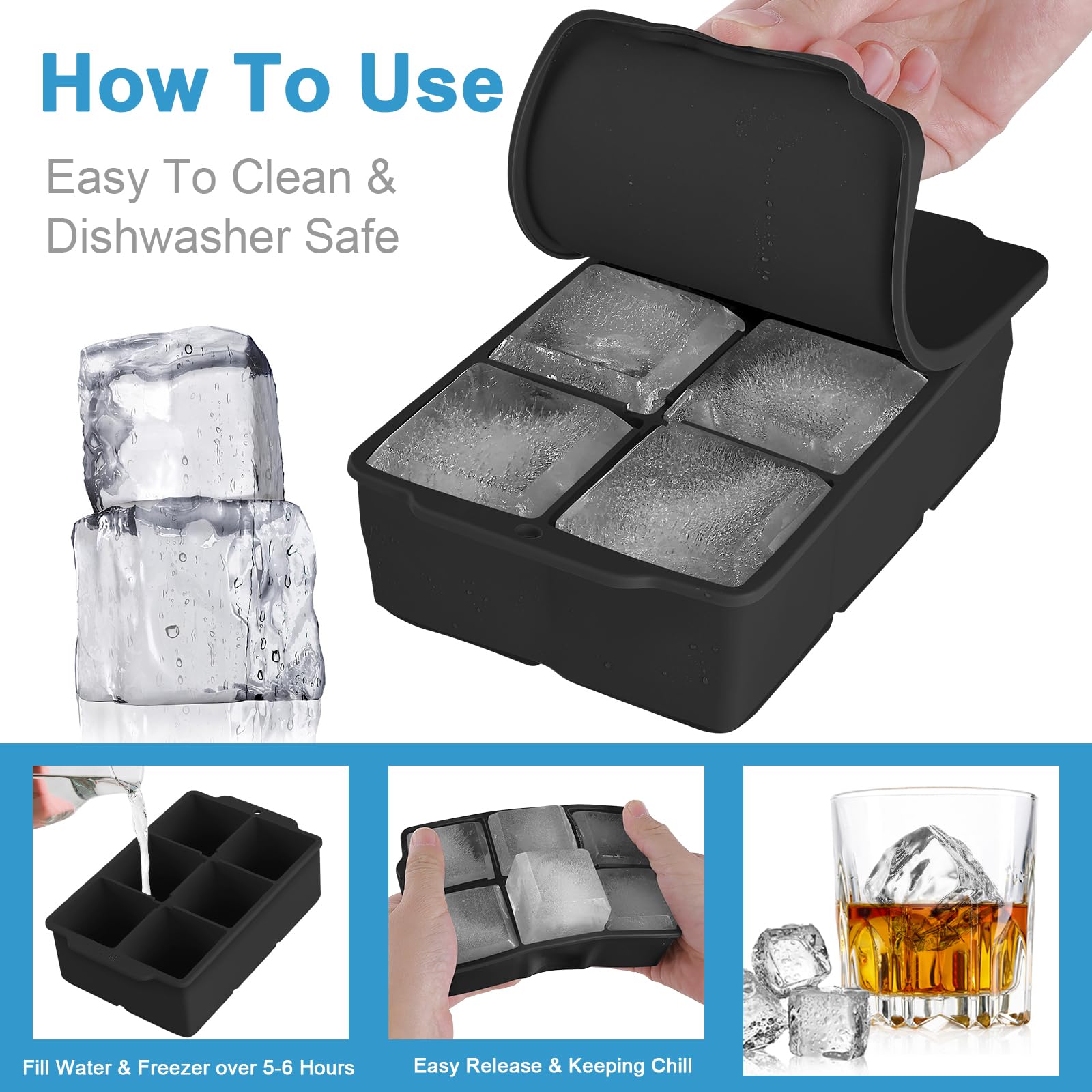 Large Ice Cube Tray with Removable Lid, Big Silicone Square Ice Cube Mold Reusable and BPA Free for Whiskey Cocktail Bourbon Soups Frozen Treats, Stackable Flexible Safe Ice