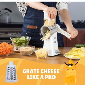 iezzei Rotary Cheese Grater Hand Crank Vegetable Shredder with 5 Stainless Steel Blades, Nut Grinder, Carrot Shredder, Fruit Slicer, Potato Crinkle Cutter, Secure & Large Suction Base with handle