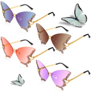 Xuhal 4 Pairs Rimless Butterfly Sunglasses Rhinestone Bling Sun Glasses Trend Gradient Butterfly Shaped Sunglasses for Women(Purple, Pink, Slate Blue, Brown)