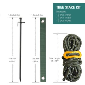 Tree Stake Kit, Fetanten 15.8 Inch Heavy Duty Steel Tree Stakes and Supports Kit for Leaning Trees Against Strong Wind, with 3 Pieces Tree Straps and Rope (13.12 Feet) Perfect Tree Straightening