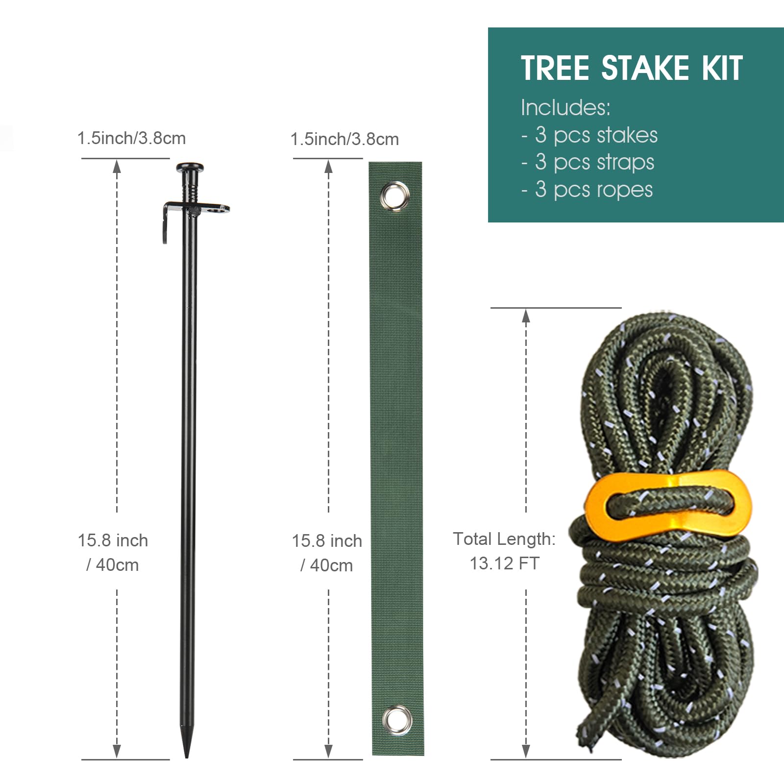 Tree Stake Kit, Fetanten 15.8 Inch Heavy Duty Steel Tree Stakes and Supports Kit for Leaning Trees Against Strong Wind, with 3 Pieces Tree Straps and Rope (13.12 Feet) Perfect Tree Straightening