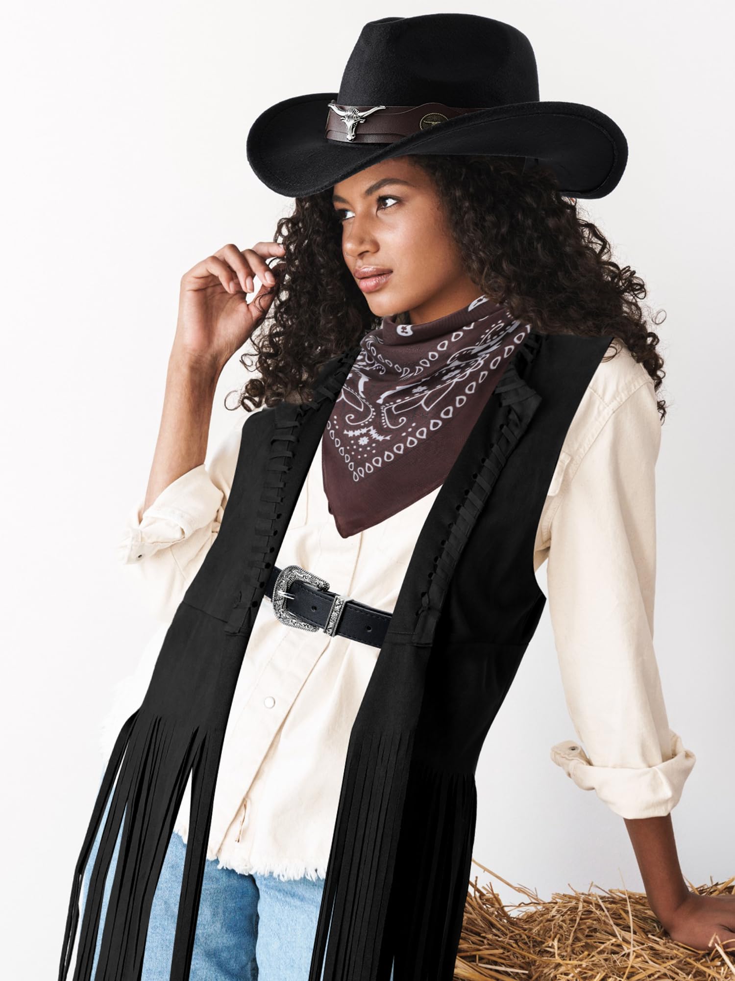 Hercicy Western Outfits for Women Cowgirl Tassel Sleeveless Vest Cowboy Hat Belt and Paisley Bandana for Halloween Dress Up (Black,XL)