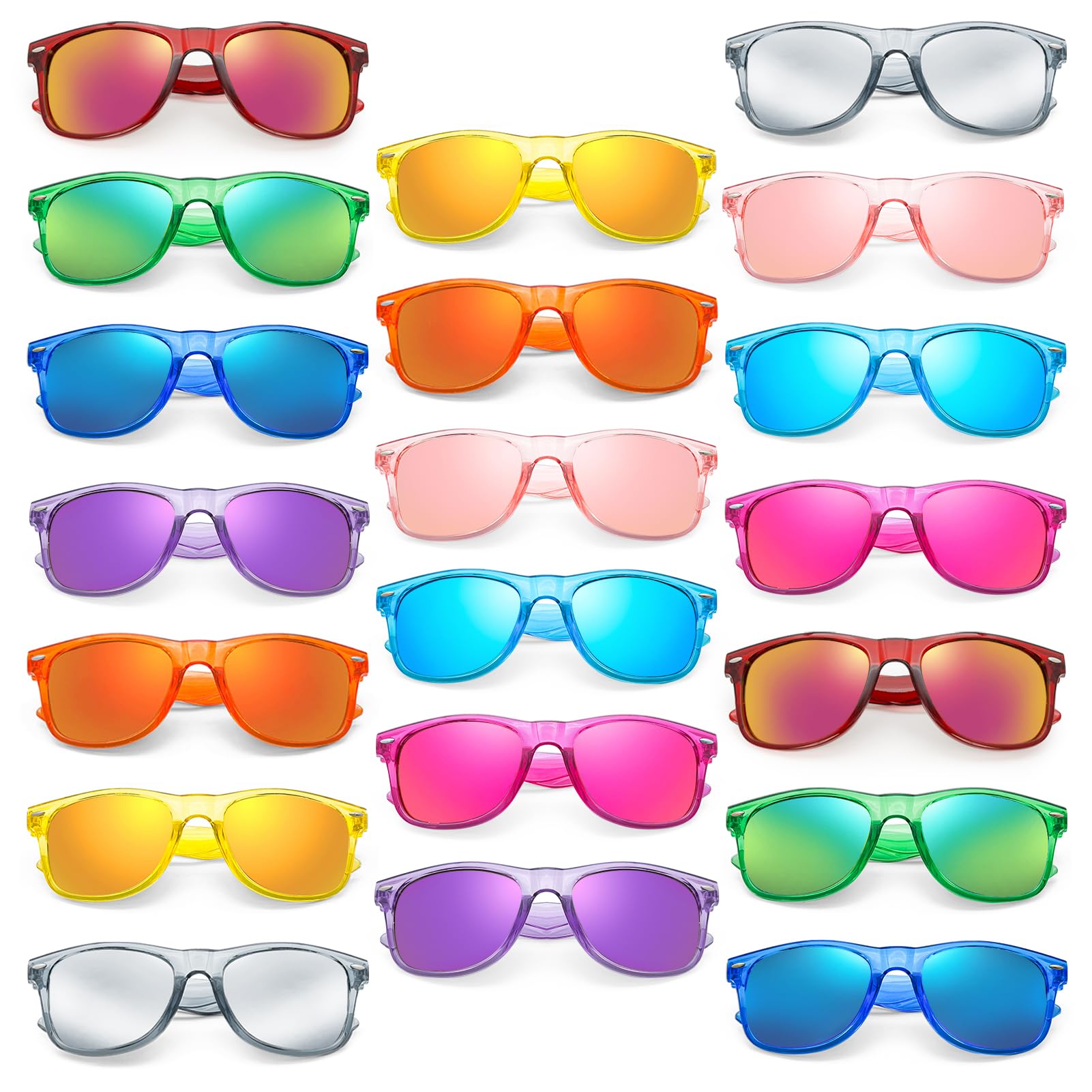 Pibupibu 20 Pack Neon Party Sunglasses Bulk, Wholesale Retro 80s Clear Colorful Mirrrored Lens Sunglasses Party Favors