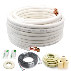 50ft length mini split line set 1/4" 3/8" od copper pipes tubing and 3/8 white pe thickened insulated with flared nuts for mini split air conditioner hvac or heat pump for 9000btu (1/4+3/8 with wires)