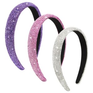 Wecoe 3pcs Purple Pink Silver Rhinestone Headbands Women Girls Sparkly Bling Diamond Headband Fashion Comfortable Head Band Non Slip Birthday Wedding Formal Hair Accessories For Women Girls Gifts