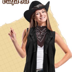 Hercicy Western Outfits for Women Cowgirl Tassel Sleeveless Vest Cowboy Hat Belt and Paisley Bandana for Halloween Dress Up (Black,XL)