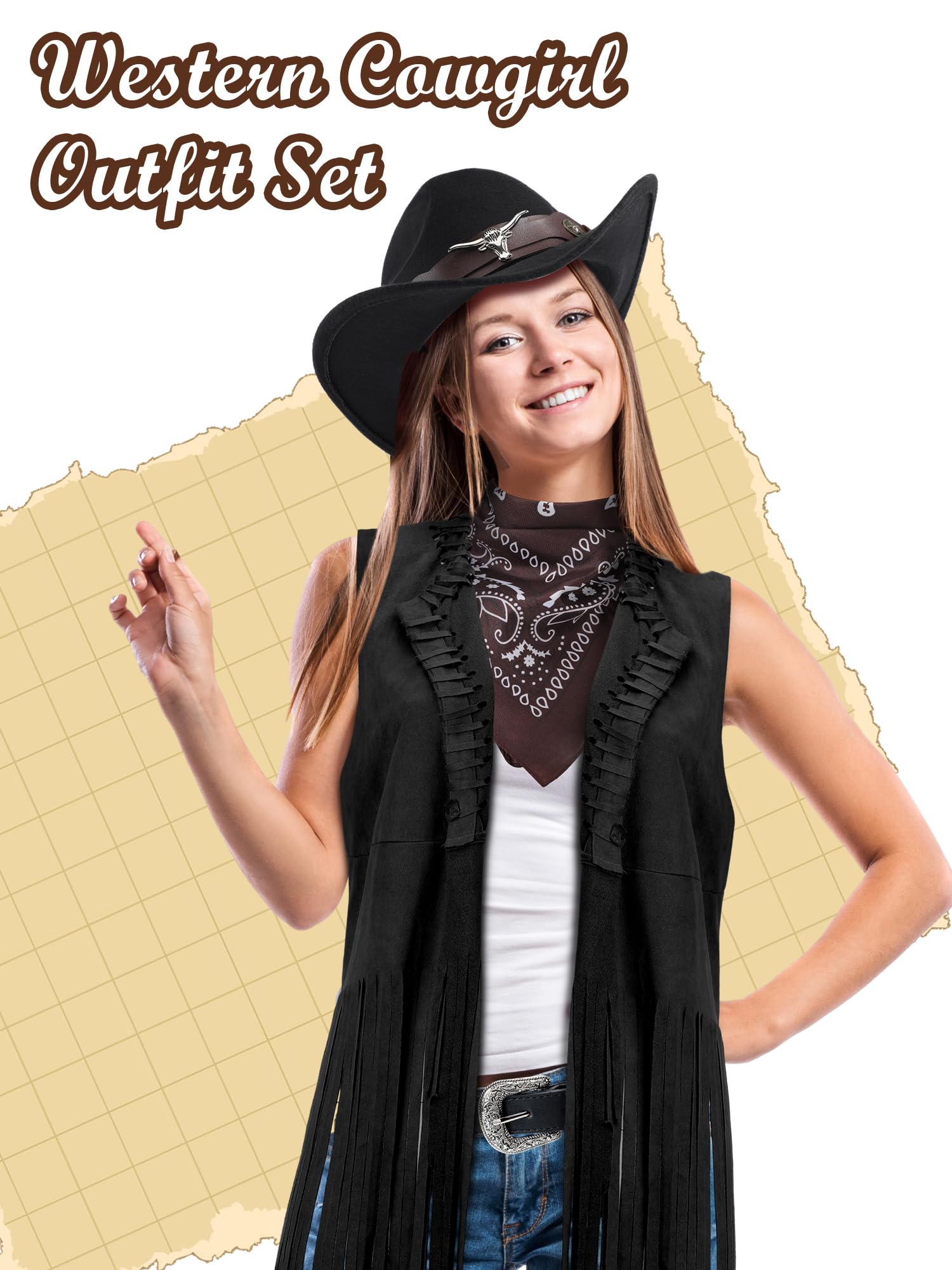 Hercicy Western Outfits for Women Cowgirl Tassel Sleeveless Vest Cowboy Hat Belt and Paisley Bandana for Halloween Dress Up (Black,XL)