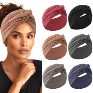 HAUHC Extra Wide Headbands for Women, 7'' Large Cotton Like Turban Knotted Bandana Head Bands for Women Non Slip, Boho Headbands for Women's Hair (6Pcs Dark Colors, Extra Large 7" Wide)