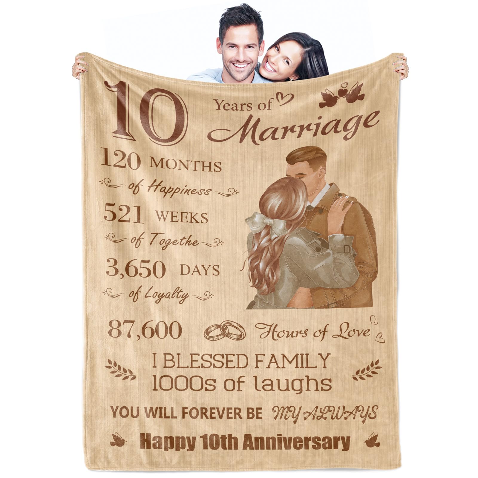 Wedding Anniversary Blanket Couples Present,10th Anniversary Present Blanket for Him and Her,Wife Husband Happy 10 Year Anniversary Present for Couple Mom Dad Parents Valentine's Flannel Throw Blanket