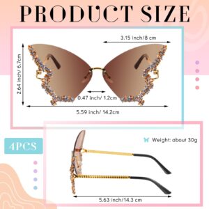 Xuhal 4 Pairs Rimless Butterfly Sunglasses Rhinestone Bling Sun Glasses Trend Gradient Butterfly Shaped Sunglasses for Women(Purple, Pink, Slate Blue, Brown)