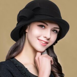 Womens Winter-Cloche-Hat 1920s Classic-Church-Dress Wool-Felt-Bucket-Hats with Flowers(M-L)