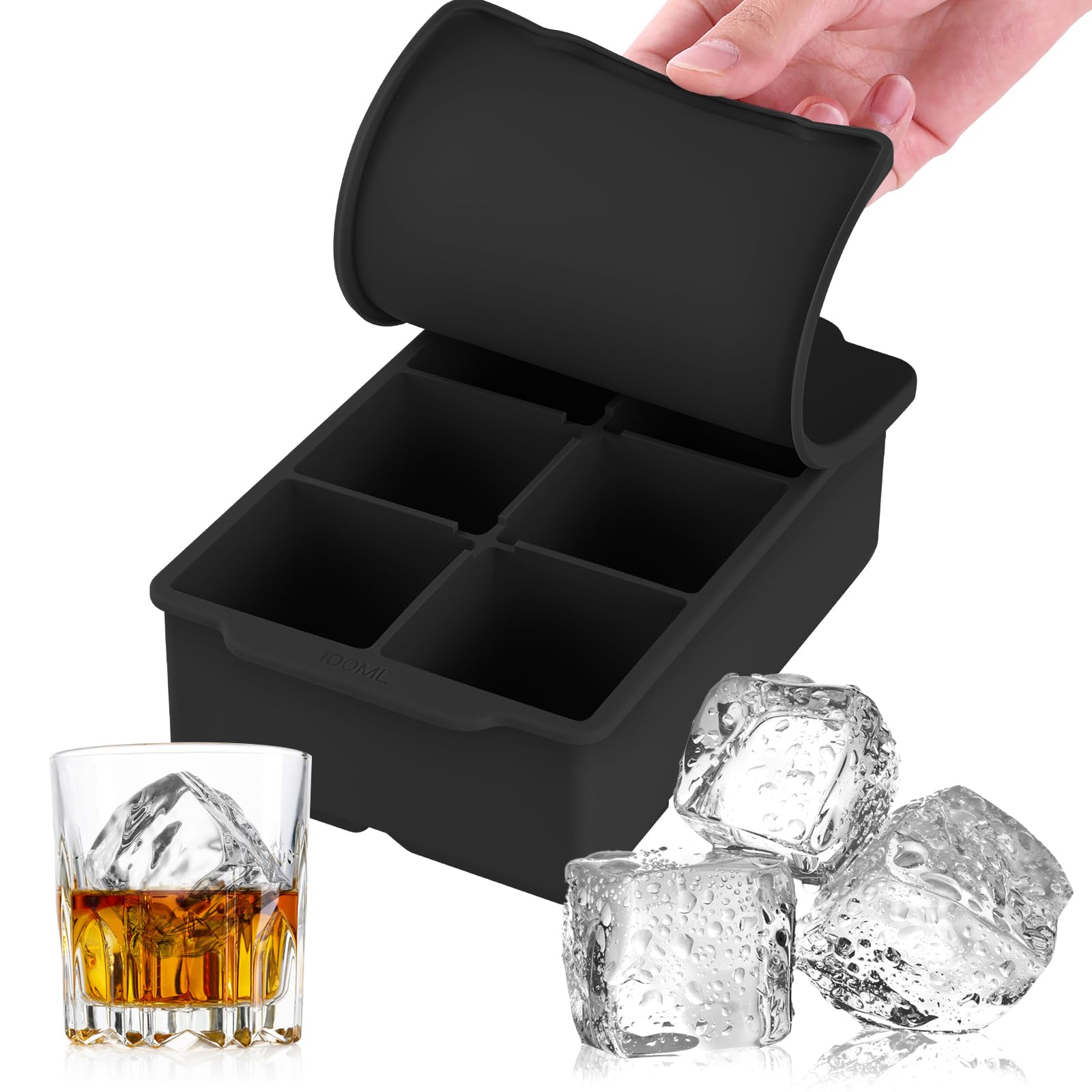 Large Ice Cube Tray with Removable Lid, Big Silicone Square Ice Cube Mold Reusable and BPA Free for Whiskey Cocktail Bourbon Soups Frozen Treats, Stackable Flexible Safe Ice