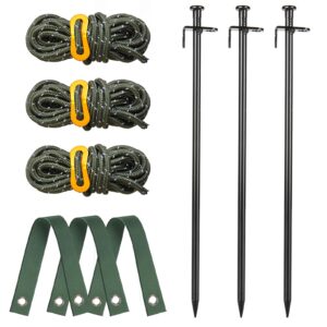 tree stake kit, fetanten 15.8 inch heavy duty steel tree stakes and supports kit for leaning trees against strong wind, with 3 pieces tree straps and rope (13.12 feet) perfect tree straightening