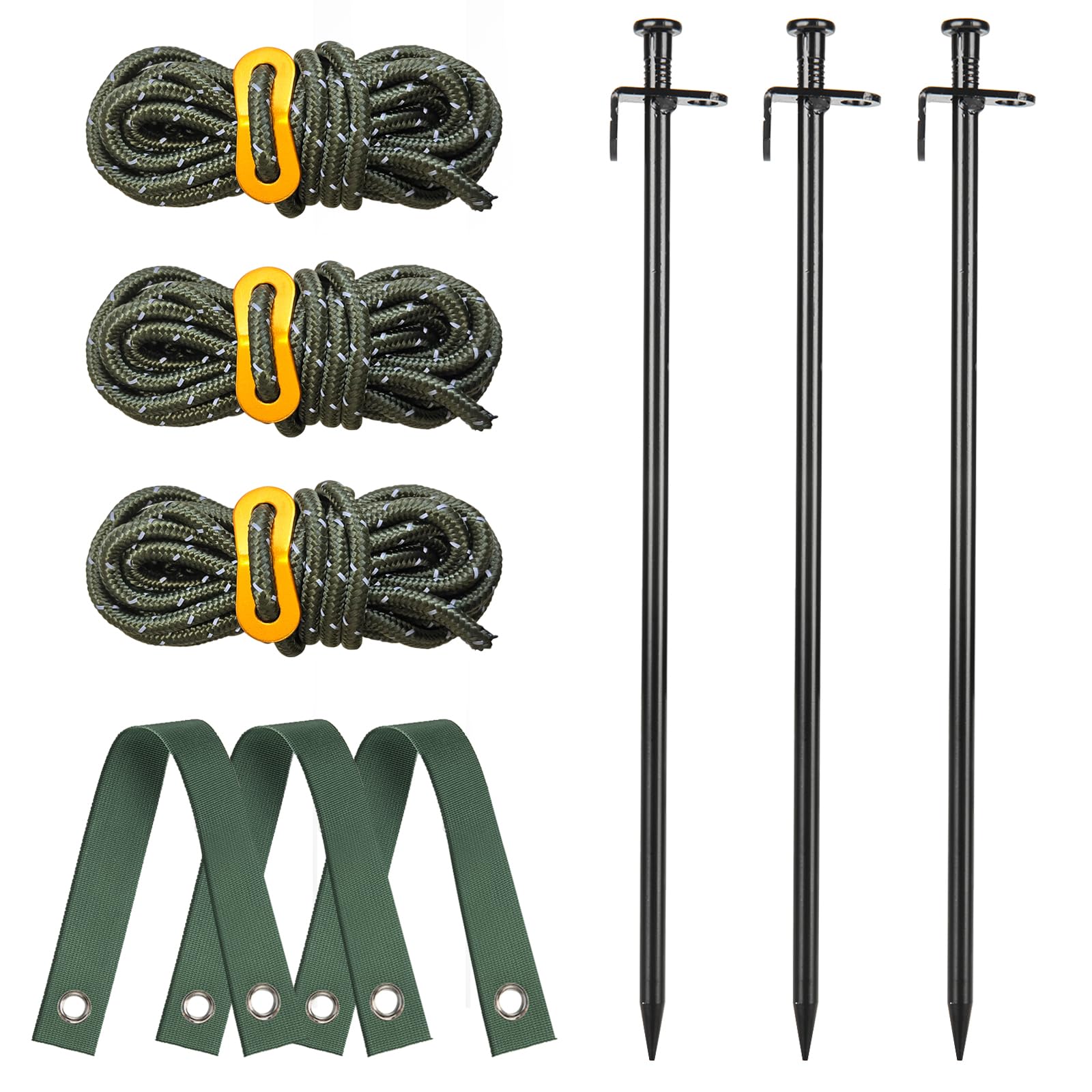 Tree Stake Kit, Fetanten 15.8 Inch Heavy Duty Steel Tree Stakes and Supports Kit for Leaning Trees Against Strong Wind, with 3 Pieces Tree Straps and Rope (13.12 Feet) Perfect Tree Straightening