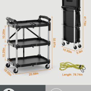 HIMIX Foldable Utility Carts with Wheels, 3-Tier Holds 240lbs Folding Rolling Cart with Fixed Rope, Collapsible Service Cart for Home, Office, Garage, and Warehouse - No Assembly Required