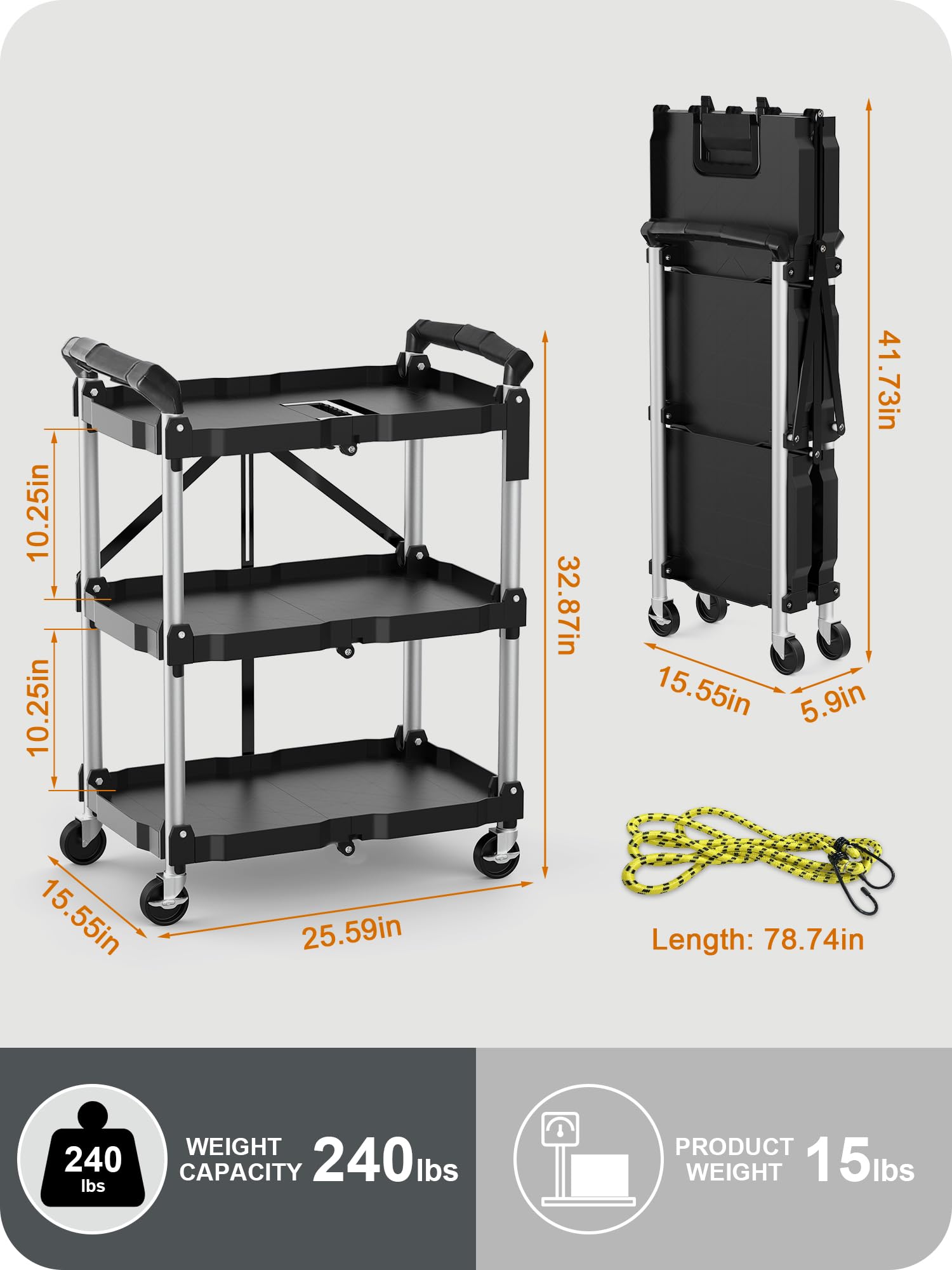 HIMIX Foldable Utility Carts with Wheels, 3-Tier Holds 240lbs Folding Rolling Cart with Fixed Rope, Collapsible Service Cart for Home, Office, Garage, and Warehouse - No Assembly Required