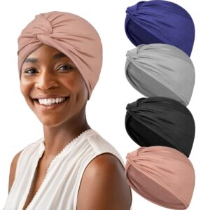 asknoto 4 pieces soft hair turbans, pre tied headwrap knot pleated chemo headwear for women