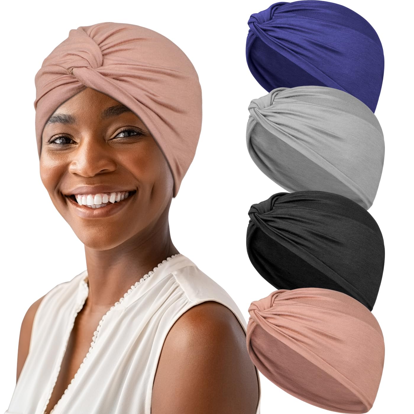 ASKNOTO 4 Pieces Soft Hair Turbans, Pre Tied Headwrap Knot Pleated Chemo Headwear for women