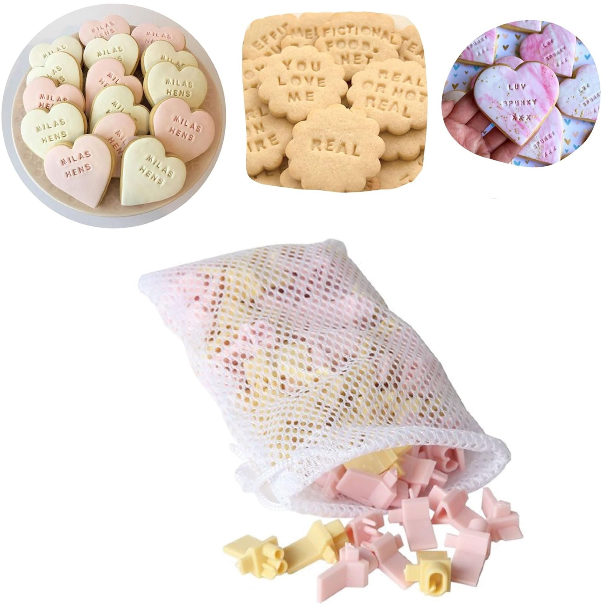 Home-X Cookie Stamps Fondant Letter Stamps - Alphabet, Numbers & Symbols, DIY Fondant Embosser for Cookie & Cake Decorating - 96 Pieces Letter Stamps for Clay with Storage Bag - Pink & Yellow