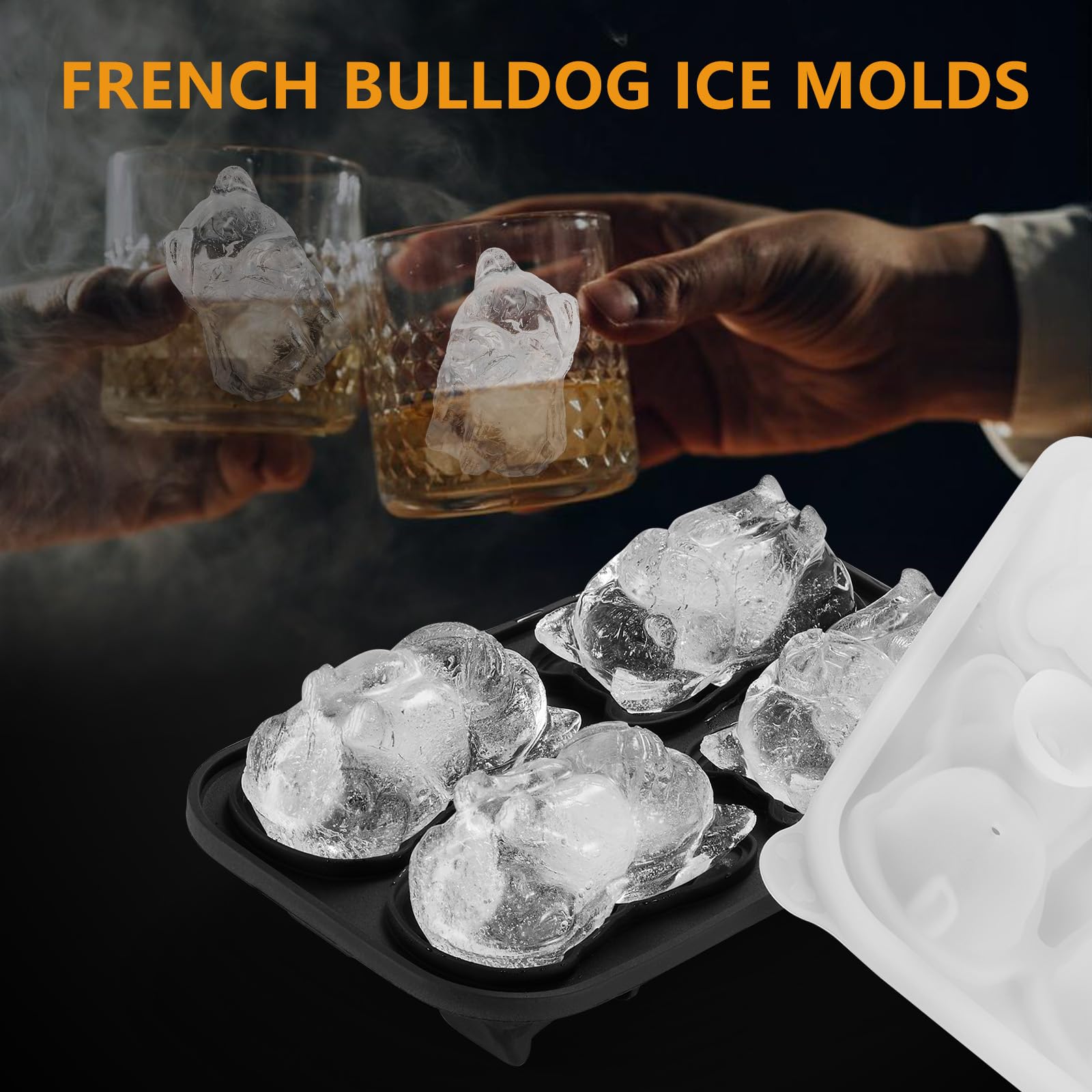 ACOOKEE French Bulldog Ice Cube Mold, 4 Hole Fun Shapes Large Frenchie Bull Dog Ice Cube Tray for Whiskey,Cocktail,Bourbon, Cute Novelty French Bulldog Gifts for Decor, BPA Free